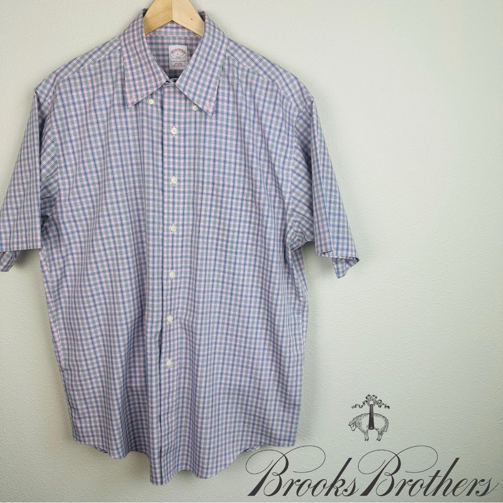 Brooks Brothers Original Polo Shirt Mens Large Pink Plaid Short Sleeve Shirt L